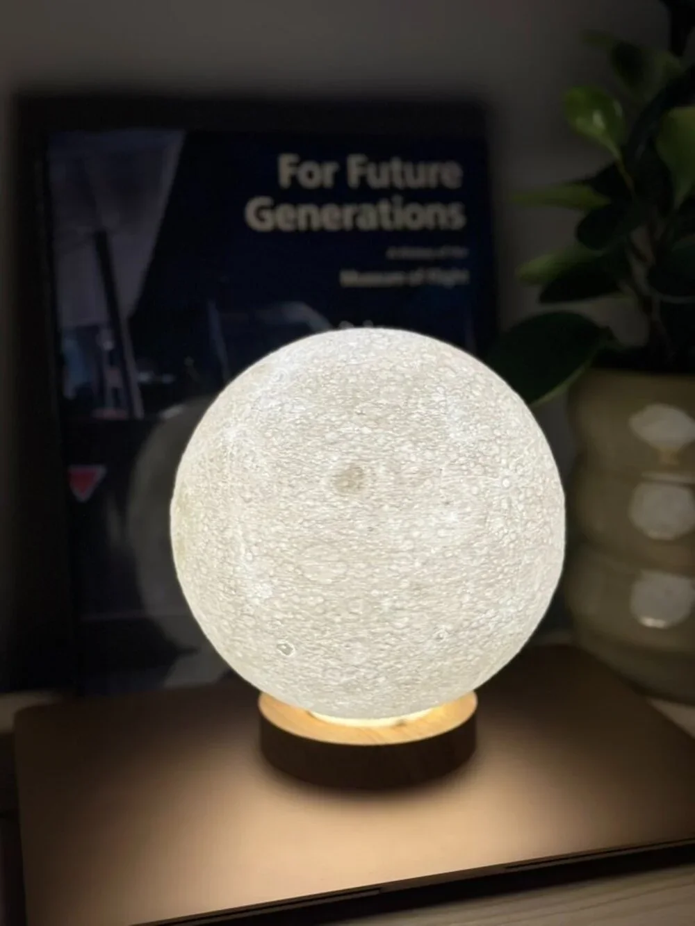 3D Printed Moon Lamp with Wooden LED Stand | Cozy Lunar Night Light